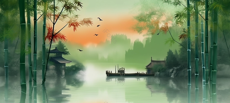 夏天夏季中国风绿竹竹叶湖泊泛起涟漪端午节彩色的山水画户外插画背景,插画/手绘图,插画/手绘图库,插画/手绘图下载,插画/手绘